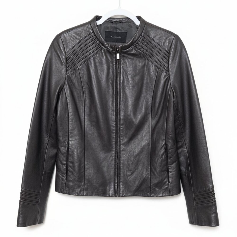 Tahari Dark Brown Genuine Leather Moto Jacket Women’s Medium – Zip Front